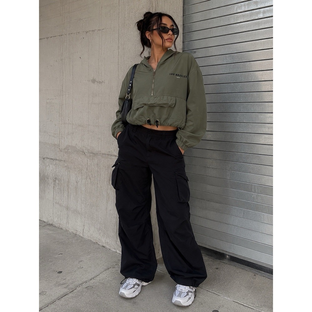 Zara‎ Cropped Half Zip Hoodie XS Olive Green Streetwear Utility Y2K Athleisure
